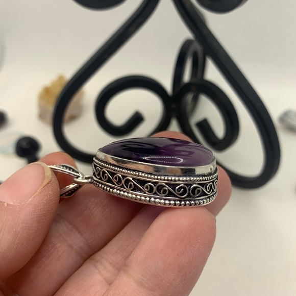 Unique Natural Starburst Amethyst Pendant, Vintage Setting, 925 Sterling Overlay - Picture 9 of 15